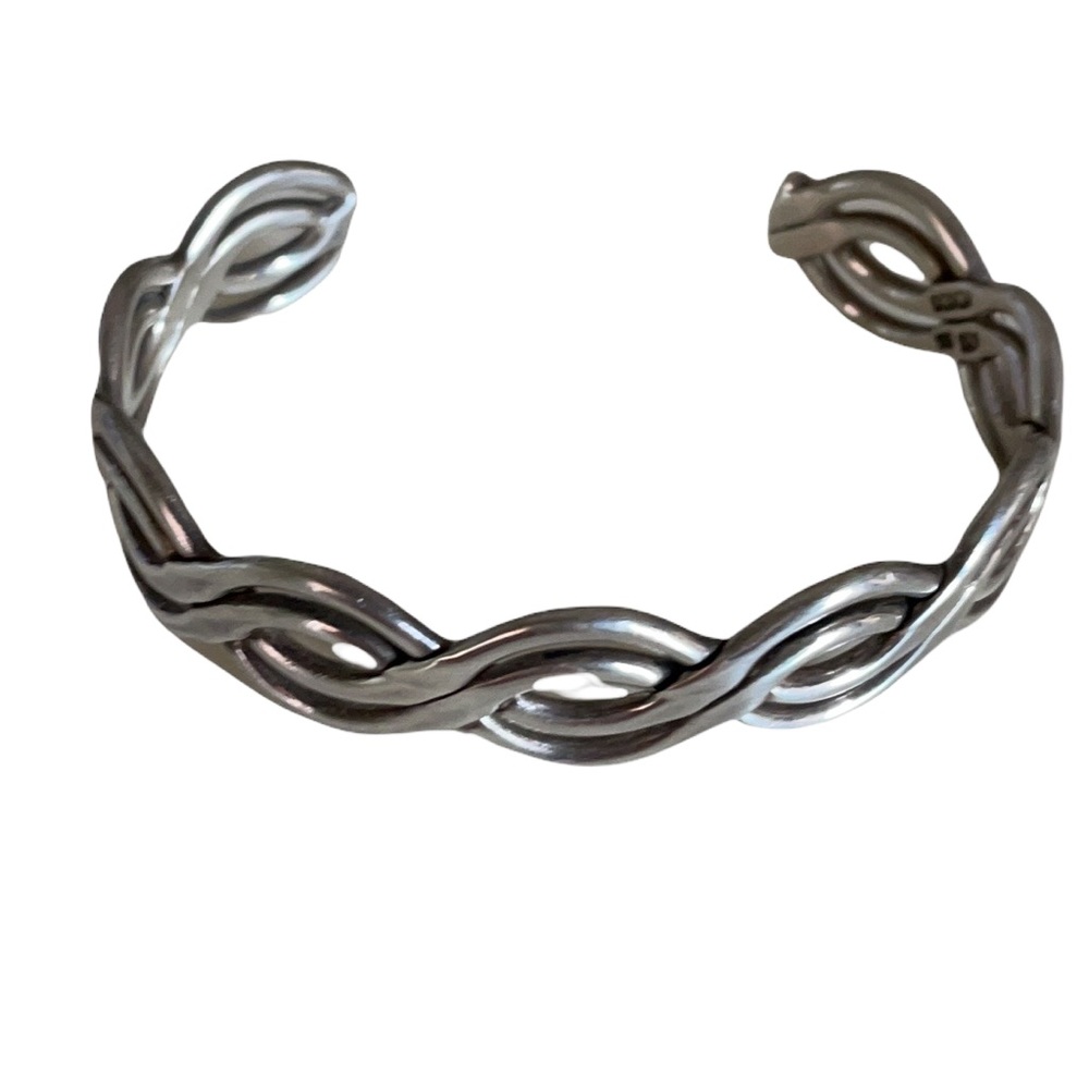 Modernist Sterling Silver Cuff Bracelet, 925 Mexican Woven Curvy Cuff - Picture 4 of 8